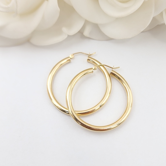 Big 14k Gold 3MM Polished Hoop Earrings - 35MM - Picture 2 of 5
